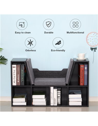 HOMCOM Bookcase Shelf Storage Seat with Cushion Sideboard Kids Children Reading Bedroom Living Room Organizer Black 836-115V01BK