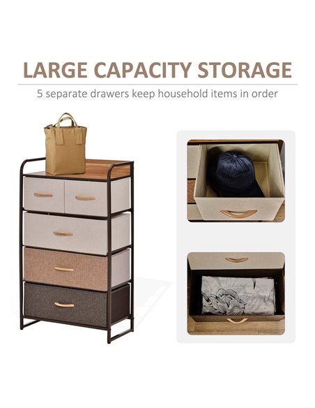 HOMCOM 5-Drawer Dresser Tower 3-Tier Storage Organizer with Steel Frame Wooden Top for Bedroom Hallway Closets - pic 6839 | FastDaddyshop