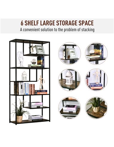 HOMCOM Wood Shelf Bookcase Industrial Style Stand 6-Staggered Shelf Living Room Display Rack Organiser 836-136