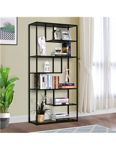 HOMCOM Wood Shelf Bookcase Industrial Style Stand 6-Staggered Shelf Living Room Display Rack Organiser 836-136