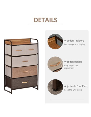 HOMCOM 5-Drawer Dresser Tower 3-Tier Storage Organizer with Steel Frame Wooden Top for Bedroom Hallway Closets