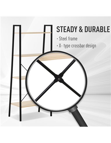HOMCOM 4-Tier Vintage Ladder Shelf Bookcase Wood Storage Rack Stand Plants Display Black natural 833-604AK