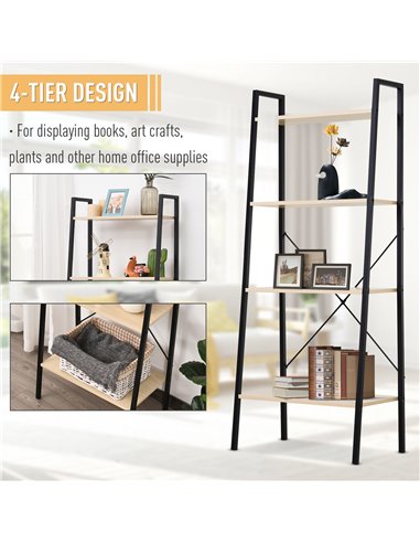 HOMCOM 4-Tier Vintage Ladder Shelf Bookcase Wood Storage Rack Stand Plants Display Black natural 833-604AK