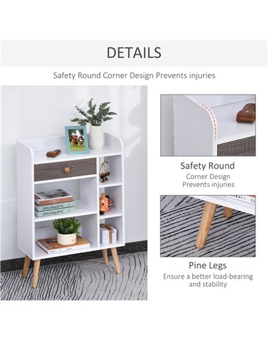 HOMCOM Multi-Shelf Modern Bookcase Freestanding Storage w/ Drawer 6 Shelves Wood Legs Home Office Display Furniture Stylish Whit
