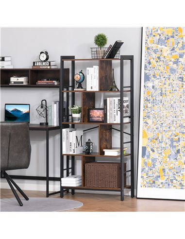 HOMCOM Bookcase Vintage Industrial Style, 4-Tier Storage Shelf, Metal Frame Display Rack for Living Room, Study Organizer, Rusti