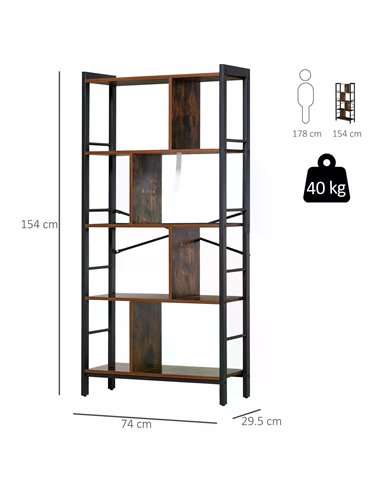 HOMCOM Bookcase Vintage Industrial Style, 4-Tier Storage Shelf, Metal Frame Display Rack for Living Room, Study Organizer, Rusti