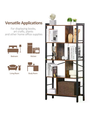 HOMCOM Bookcase Vintage Industrial Style, 4-Tier Storage Shelf, Metal Frame Display Rack for Living Room, Study Organizer, Rusti