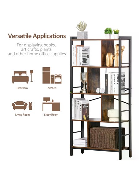 HOMCOM Bookcase Vintage Industrial Style, 4-Tier Storage Shelf, Metal Frame Display Rack for Living Room, Study Organizer, Rusti - pic 68473 | FastDaddyshop
