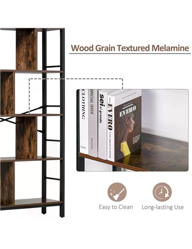 HOMCOM Bookcase Vintage Industrial Style, 4-Tier Storage Shelf, Metal Frame Display Rack for Living Room, Study Organizer, Rusti