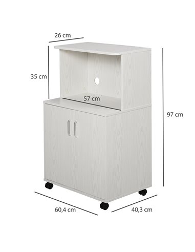 HOMCOM Microwave Cart on Wheels Utility Trolley Storage Sideboard Bookcase with 2-door Cabinet, 97H x 60.4W x 40.3Dcm, White 835