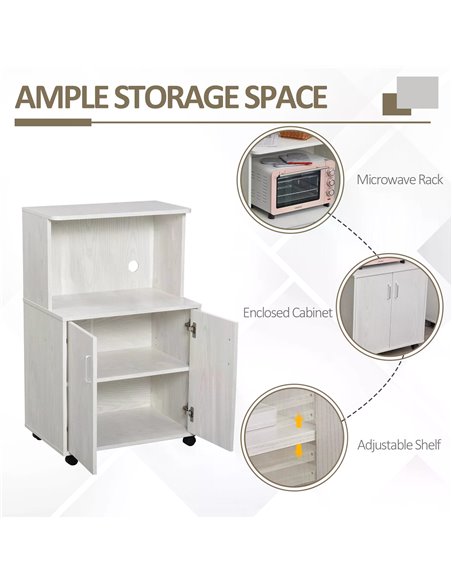 HOMCOM Microwave Cart on Wheels Utility Trolley Storage Sideboard Bookcase with 2-door Cabinet, 97H x 60.4W x 40.3Dcm, White 835 - pic 68483 | FastDaddyshop