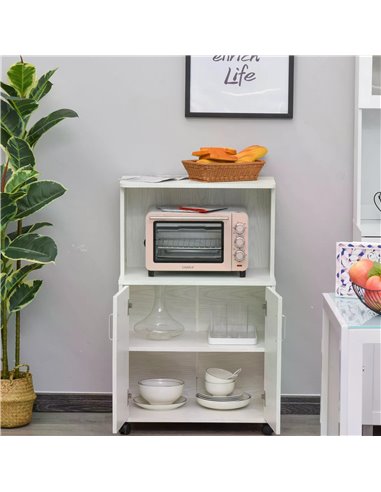 HOMCOM Microwave Cart on Wheels Utility Trolley Storage Sideboard Bookcase with 2-door Cabinet, 97H x 60.4W x 40.3Dcm, White 835