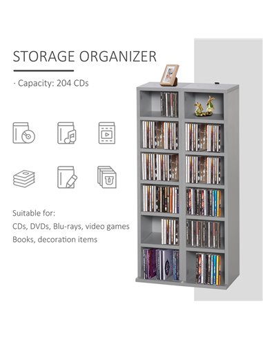 HOMCOM 204 CD Media Display Shelf Unit Set of 2 Blu-Ray DVD Tower Rack w/ Adjustable Shelves Bookcase Storage Organiser, Grey 83