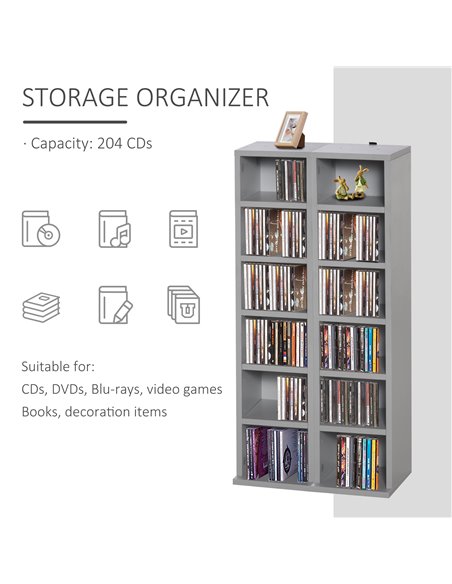 HOMCOM 204 CD Media Display Shelf Unit Set of 2 Blu-Ray DVD Tower Rack w/ Adjustable Shelves Bookcase Storage Organiser, Grey 83 - pic 68509 | FastDaddyshop