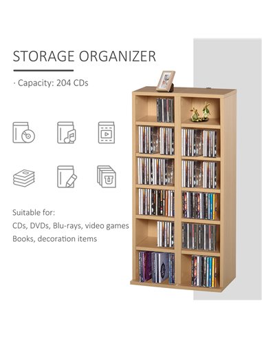 HOMCOM 204 CD Media Display Shelf Unit Set of 2 Blu-Ray DVD Tower Rack w/ Adjustable Shelves Bookcase Storage Organiser, Natural
