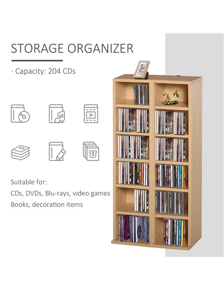 HOMCOM 204 CD Media Display Shelf Unit Set of 2 Blu-Ray DVD Tower Rack w/ Adjustable Shelves Bookcase Storage Organiser, Natural - pic 68519 | FastDaddyshop