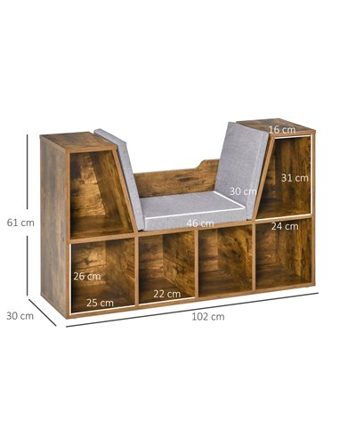 HOMCOM Bookcase Shelf Storage Seat with Cushion Sideboard Kids Children Reading Bedroom Living Room Organizer Rustic Brown 836-1
