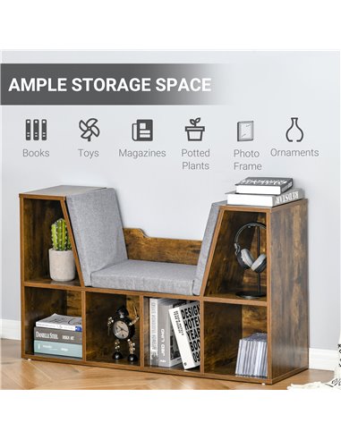 HOMCOM Bookcase Shelf Storage Seat with Cushion Sideboard Kids Children Reading Bedroom Living Room Organizer Rustic Brown 836-1