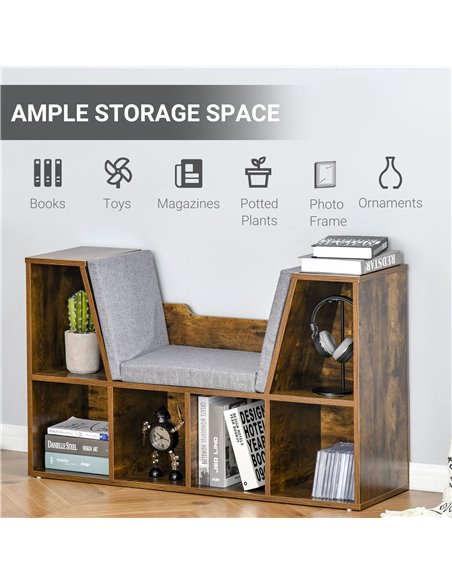 HOMCOM Bookcase Shelf Storage Seat with Cushion Sideboard Kids Children Reading Bedroom Living Room Organizer Rustic Brown 836-1 - pic 68536 | FastDaddyshop