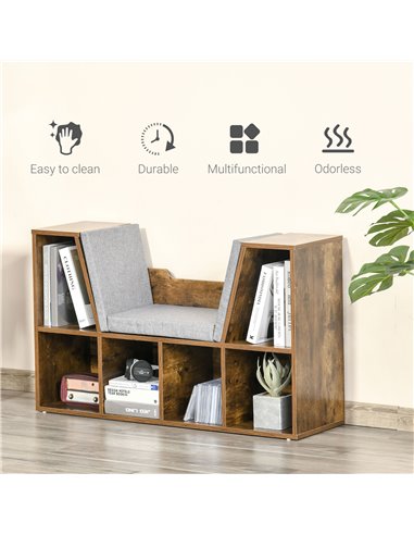 HOMCOM Bookcase Shelf Storage Seat with Cushion Sideboard Kids Children Reading Bedroom Living Room Organizer Rustic Brown 836-1