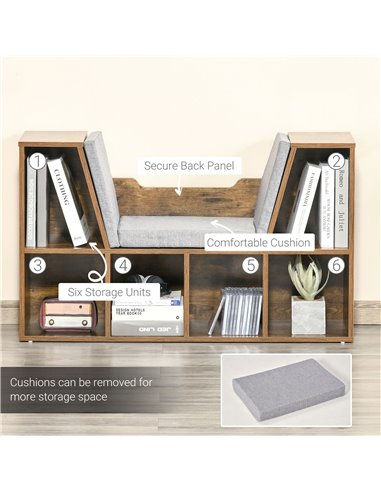 HOMCOM Bookcase Shelf Storage Seat with Cushion Sideboard Kids Children Reading Bedroom Living Room Organizer Rustic Brown 836-1