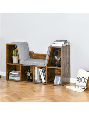 HOMCOM Bookcase Shelf Storage Seat with Cushion Sideboard Kids Children Reading Bedroom Living Room Organizer Rustic Brown 836-1