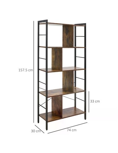 HOMCOM Industrial Storage Shelf Bookcase Closet Floor Standing Display Rack with 5 Tiers, Metal Frame for Living Room & Study, R