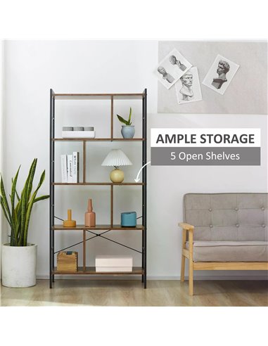HOMCOM Industrial Storage Shelf Bookcase Closet Floor Standing Display Rack with 5 Tiers, Metal Frame for Living Room & Study, R
