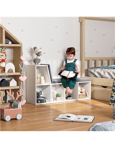 HOMCOM Bookcase Storage Shelf with Cushioned Reading Seat, Bookshelf Storage Cabinet for Study Living Room, White 836-536GY