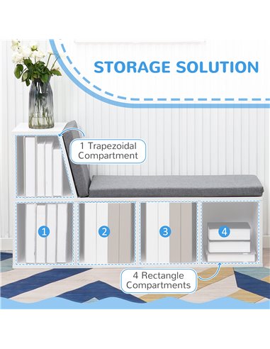 HOMCOM Bookcase Storage Shelf with Cushioned Reading Seat, Bookshelf Storage Cabinet for Study Living Room, White 836-536GY