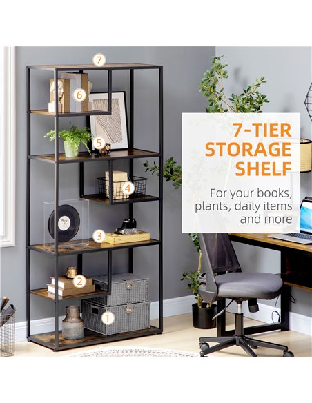 HOMCOM Industrial Bookcase Shelf, 7 Tier Metal Shelving, Storage Shelves for Living Room, Home Office, Bedroom, Rustic Brown 838 - pic 68663 | FastDaddyshop