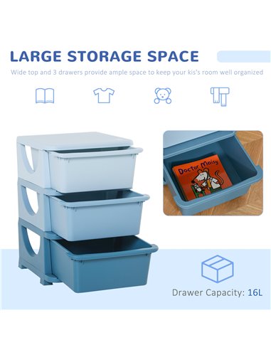 HOMCOM Kids Storage Units with Drawers 3 Tier Chest Vertical Dresser Tower Toy Organizer for  Nursery Playroom Kindergarten Blue