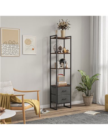 HOMCOM Industrial Bookcase 4-Tier Storage Shelf with 2 Fabric Drawers and Metal Frame for Living Room, Bedroom, Rustic Brown 838