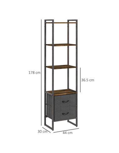 HOMCOM Industrial Bookcase 4-Tier Storage Shelf with 2 Fabric Drawers and Metal Frame for Living Room, Bedroom, Rustic Brown 838