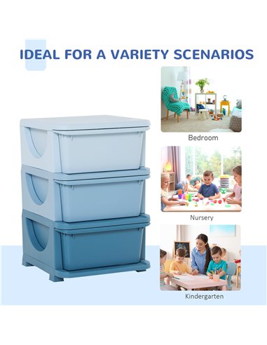 HOMCOM Kids Storage Units with Drawers 3 Tier Chest Vertical Dresser Tower Toy Organizer for  Nursery Playroom Kindergarten Blue