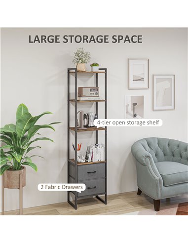 HOMCOM Industrial Bookcase 4-Tier Storage Shelf with 2 Fabric Drawers and Metal Frame for Living Room, Bedroom, Rustic Brown 838