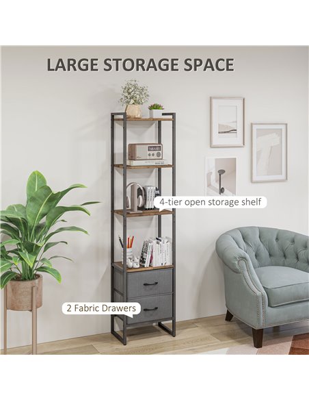 HOMCOM Industrial Bookcase 4-Tier Storage Shelf with 2 Fabric Drawers and Metal Frame for Living Room, Bedroom, Rustic Brown 838 - pic 68680 | FastDaddyshop