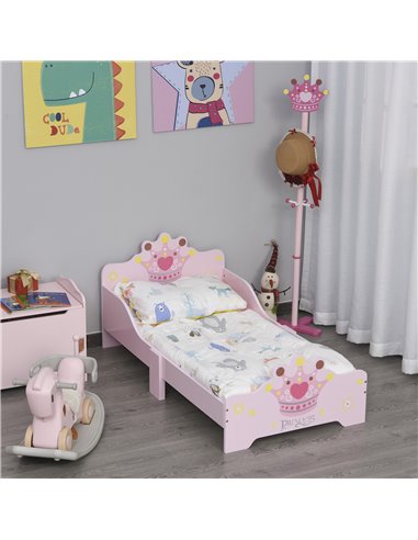 HOMCOM Kids Wooden Bed with Crown Modeling Safety Side Rails Easy to Clean Perfect Gift for Toddlers Girls Age 3 to 6 Years Old 