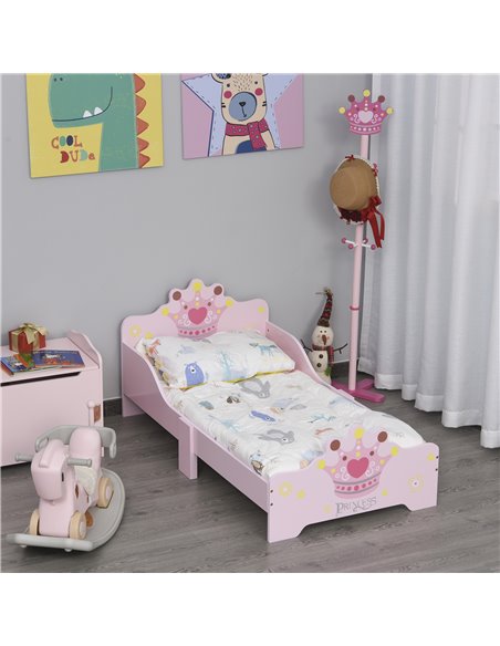 HOMCOM Kids Wooden Bed with Crown Modeling Safety Side Rails Easy to Clean Perfect Gift for Toddlers Girls Age 3 to 6 Years Old  - pic 68705 | FastDaddyshop