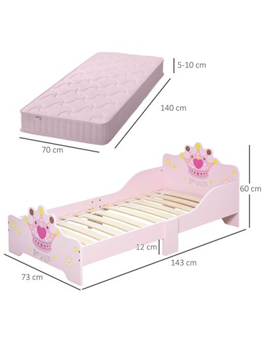 HOMCOM Kids Wooden Bed with Crown Modeling Safety Side Rails Easy to Clean Perfect Gift for Toddlers Girls Age 3 to 6 Years Old 