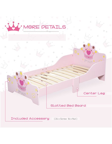 HOMCOM Kids Wooden Bed with Crown Modeling Safety Side Rails Easy to Clean Perfect Gift for Toddlers Girls Age 3 to 6 Years Old  - pic 68707 | FastDaddyshop