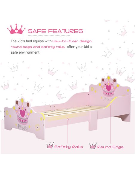 HOMCOM Kids Wooden Bed with Crown Modeling Safety Side Rails Easy to Clean Perfect Gift for Toddlers Girls Age 3 to 6 Years Old  - pic 68708 | FastDaddyshop