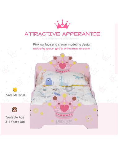 HOMCOM Kids Wooden Bed with Crown Modeling Safety Side Rails Easy to Clean Perfect Gift for Toddlers Girls Age 3 to 6 Years Old 