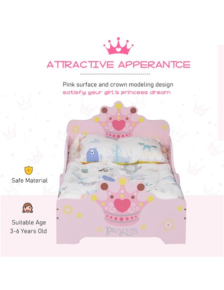 HOMCOM Kids Wooden Bed with Crown Modeling Safety Side Rails Easy to Clean Perfect Gift for Toddlers Girls Age 3 to 6 Years Old  - pic 68709 | FastDaddyshop