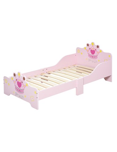 HOMCOM Kids Wooden Bed with Crown Modeling Safety Side Rails Easy to Clean Perfect Gift for Toddlers Girls Age 3 to 6 Years Old 