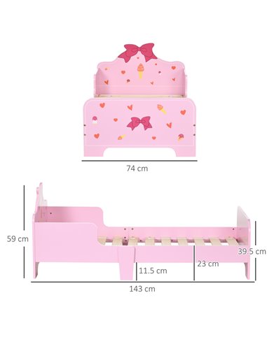ZONEKIZ Princess-Themed Toddler Bed with Safety Side Rails and Slats, Cute Patterns, Kids Bedroom Furniture, Pink, 143 x 74 x 59