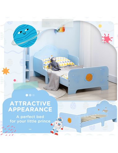 ZONEKIZ Toddler Bed with Rocket & Plants Patterns, Kids Bedroom Furniture, Safety Side Rails, Blue 313-003V00BU