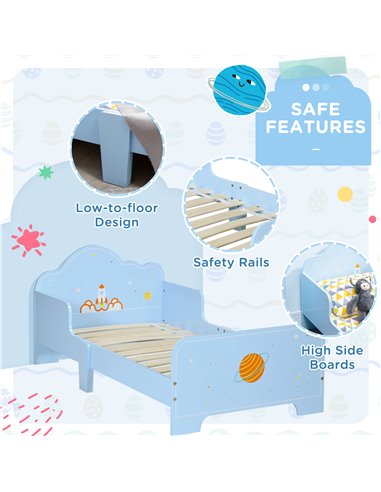 ZONEKIZ Toddler Bed with Rocket & Plants Patterns, Kids Bedroom Furniture, Safety Side Rails, Blue 313-003V00BU