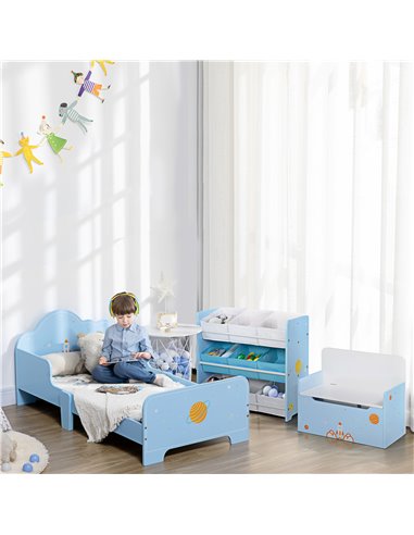 ZONEKIZ Toddler Bed with Rocket & Plants Patterns, Kids Bedroom Furniture, Safety Side Rails, Blue 313-003V00BU