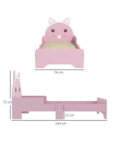 ZONEKIZ Bed for Kids Cat Design Toddler Bed Frame Bedroom Furniture with Guardrails, for 3-6 Years, 143L x 74W x 72Hcm - Pink 31